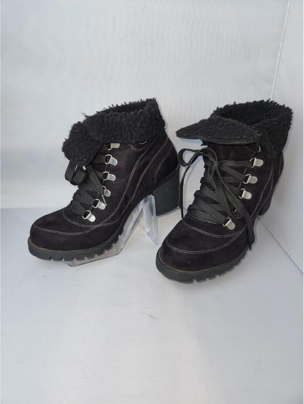 Jelly Pop Black Suede Lace-Up Ankle Boots with Faux Fur Cuff and Block Heel - Picture 3 of 14